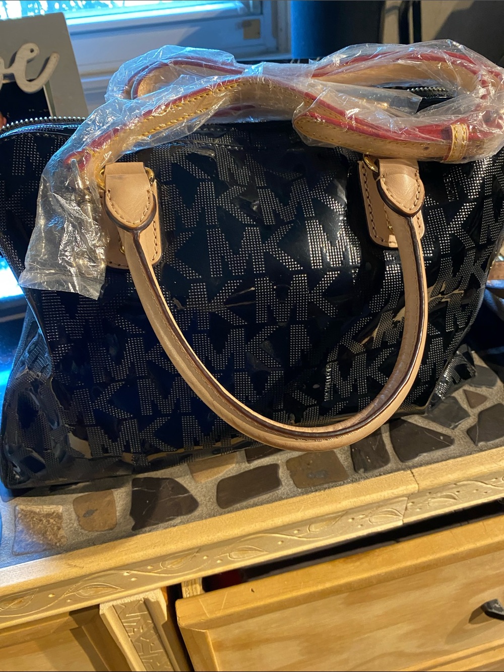 Michael Kors Navy MK Logo Satchel with Tan Handles